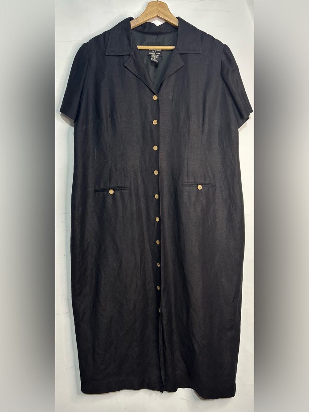Positive Attitude Vintage Black Linen Blend Button Front Shirt Dress Size 16